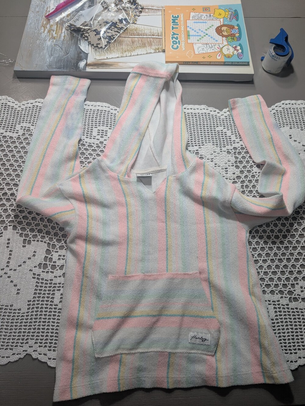Roxy Striped Pastel Hooded Sweater - Relaxed Girls Pullover Size Medium